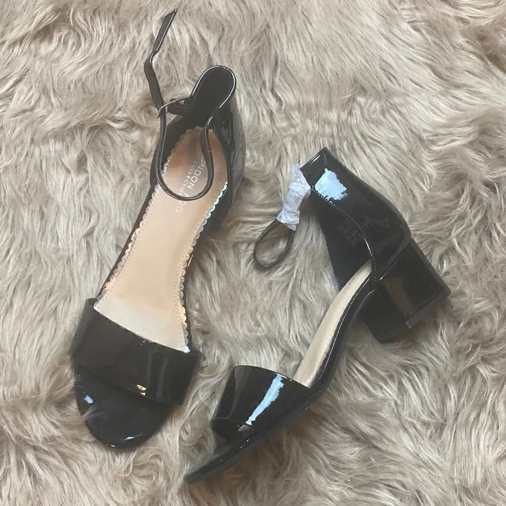 LONDON FOG Nikki Low Block Heel Shoe Ankle Strap Open Toe Shiny Pump Sandal